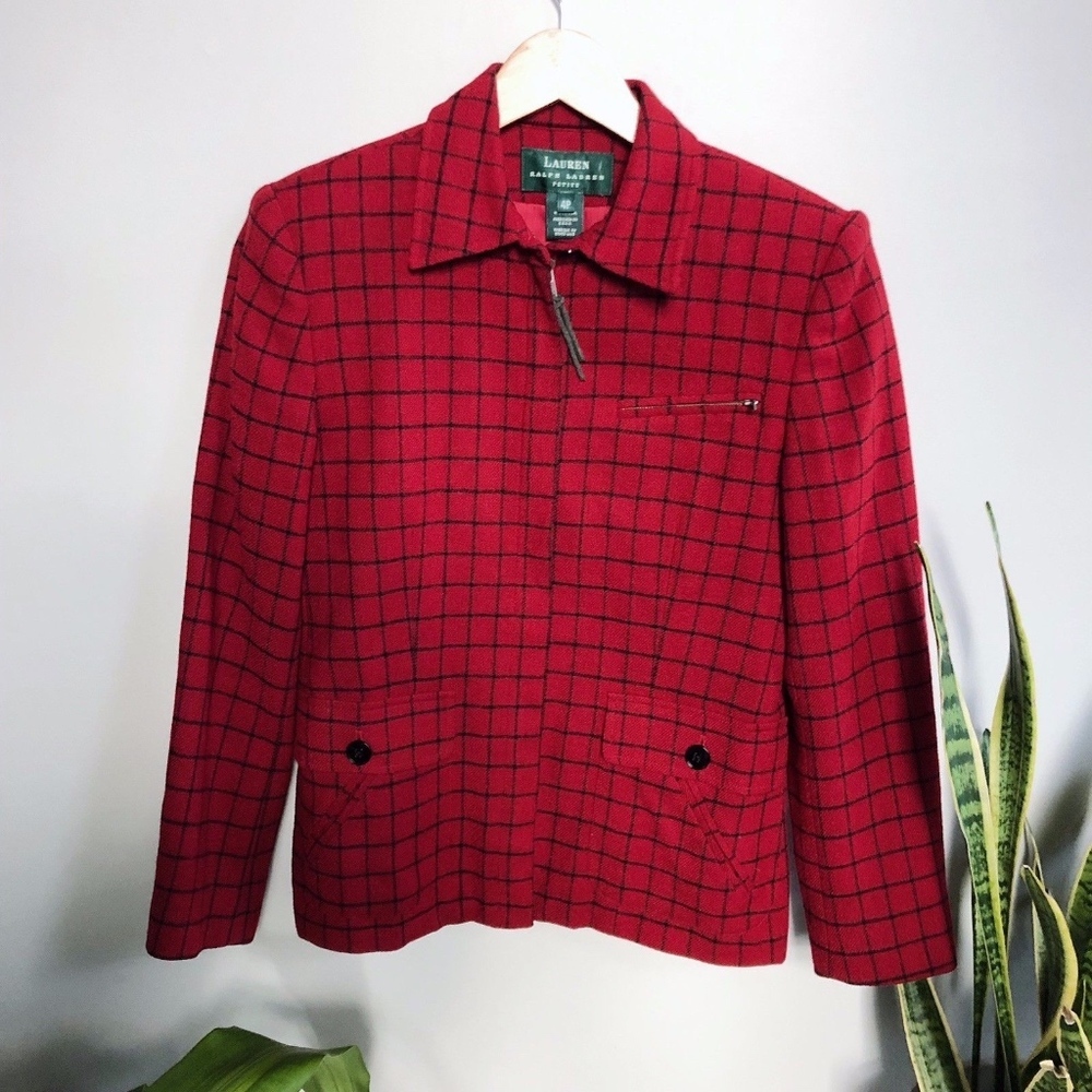 Lauren Ralph Lauren Windowpane Plaid Jacket Red Harrington Wool Blnd 4P 4 Petite